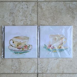 NWT 2 Tea Cups Wall Art Hanging Canvas Squares